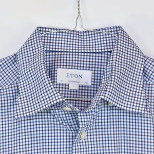 ETON Contemporary Fit Plaid Crease Resistant Dress Shirt L 42  16 1/2